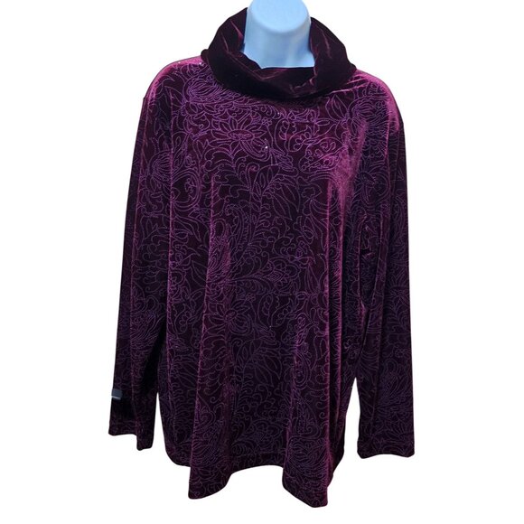 Vintage Burgundy Floral Velvet 2 pc set Turtleneck Lg Sleeve Top Matching Pants - Picture 3 of 12